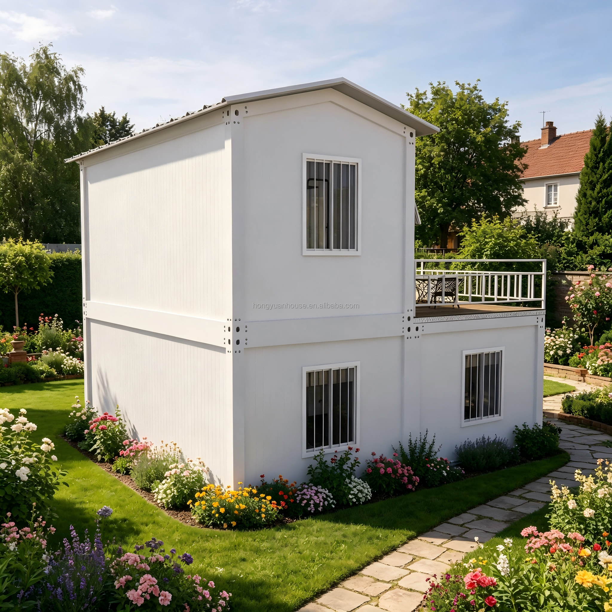 2 Story Flat Pack Container House Modern Glass Wall Quick Assembly Steel Frame Prefab Office Home with Balcony for Sale