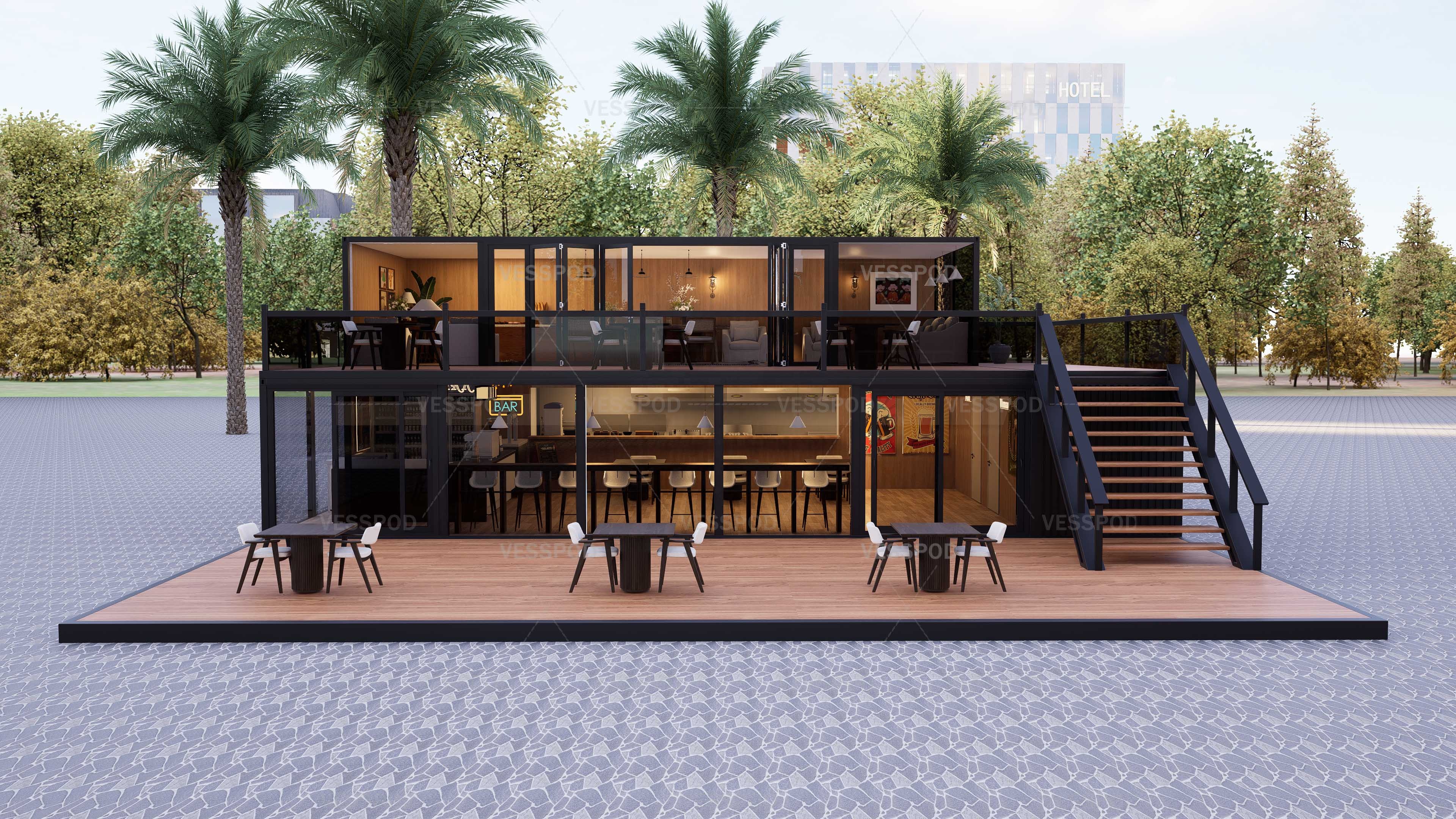 Turnkey Container Restaurant Shop Project Modular Breathable Steel Structure 100% Prefabricated Modern Design Outdoor Deck Fully