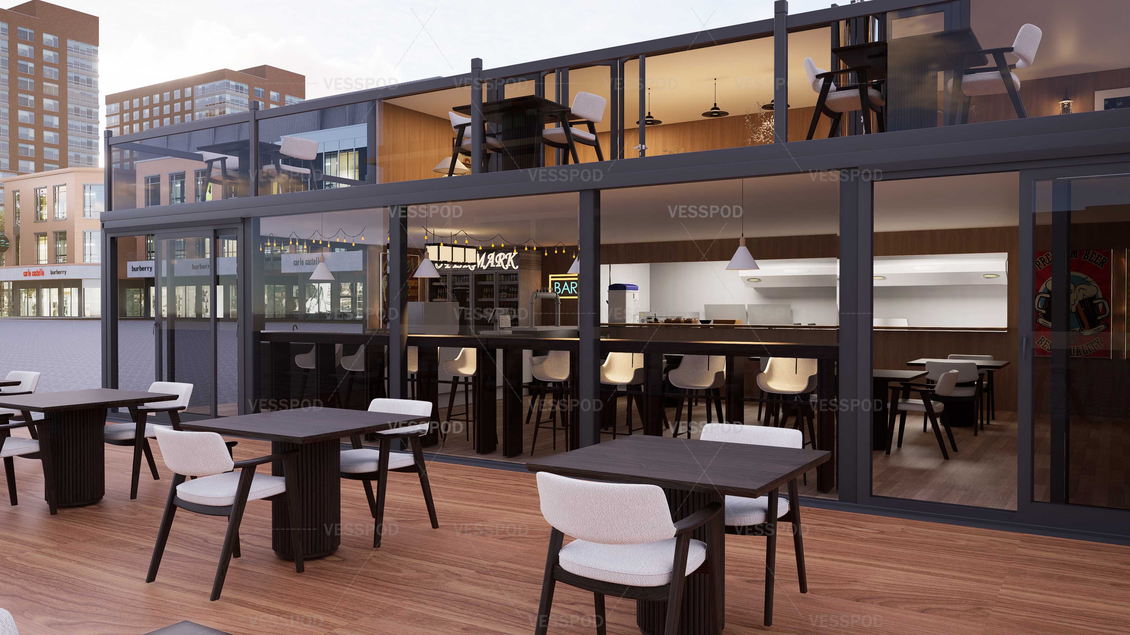 Turnkey Container Restaurant Shop Project Modular Breathable Steel Structure 100% Prefabricated Modern Design Outdoor Deck Fully