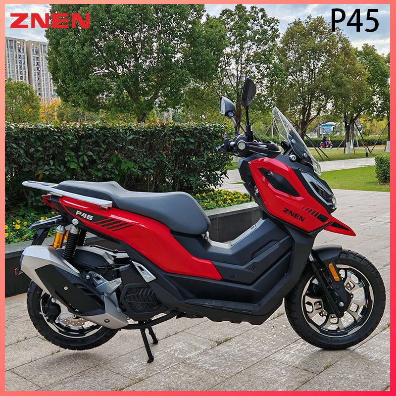 Motocicleta deportiva ligera con frenos de disco delanteros y traseros, iluminación LED