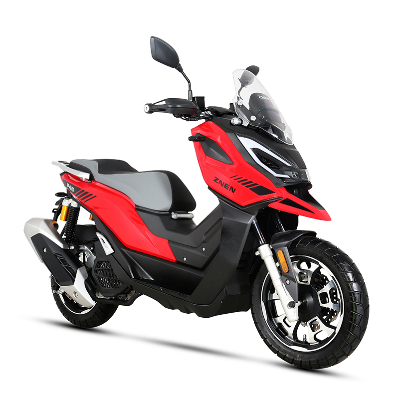 Motocicleta deportiva ligera con frenos de disco delanteros y traseros, iluminación LED