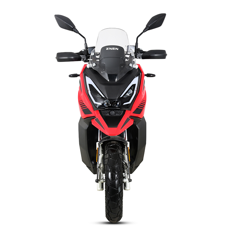 Motocicleta deportiva ligera con frenos de disco delanteros y traseros, iluminación LED
