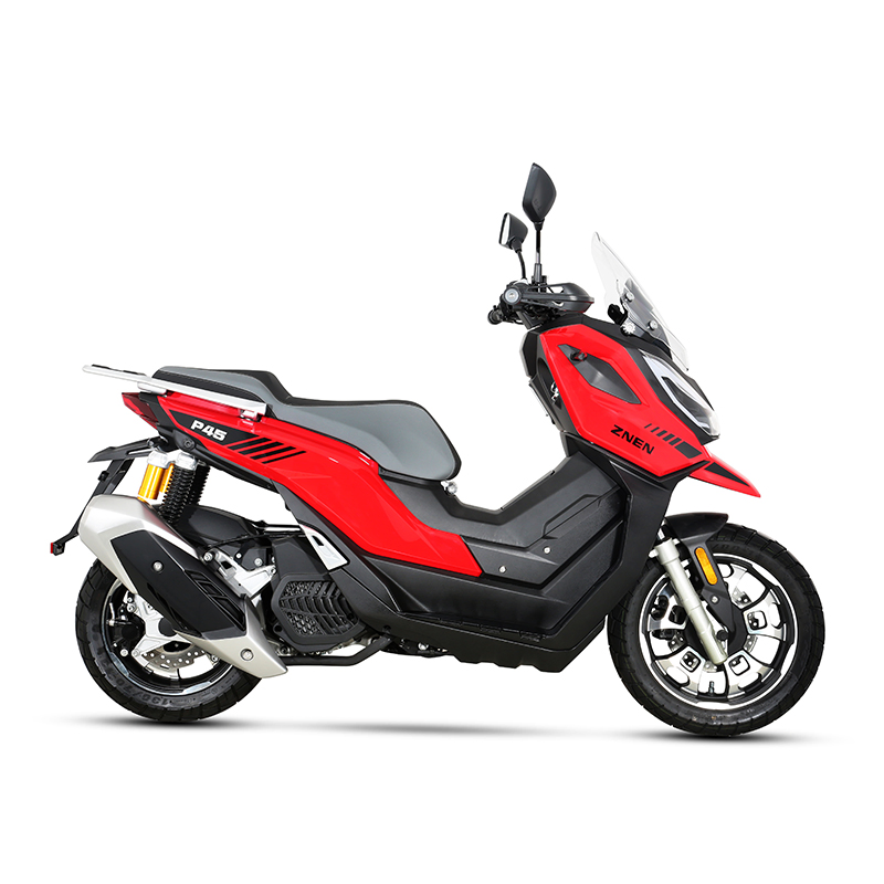 Motocicleta deportiva ligera con frenos de disco delanteros y traseros, iluminación LED