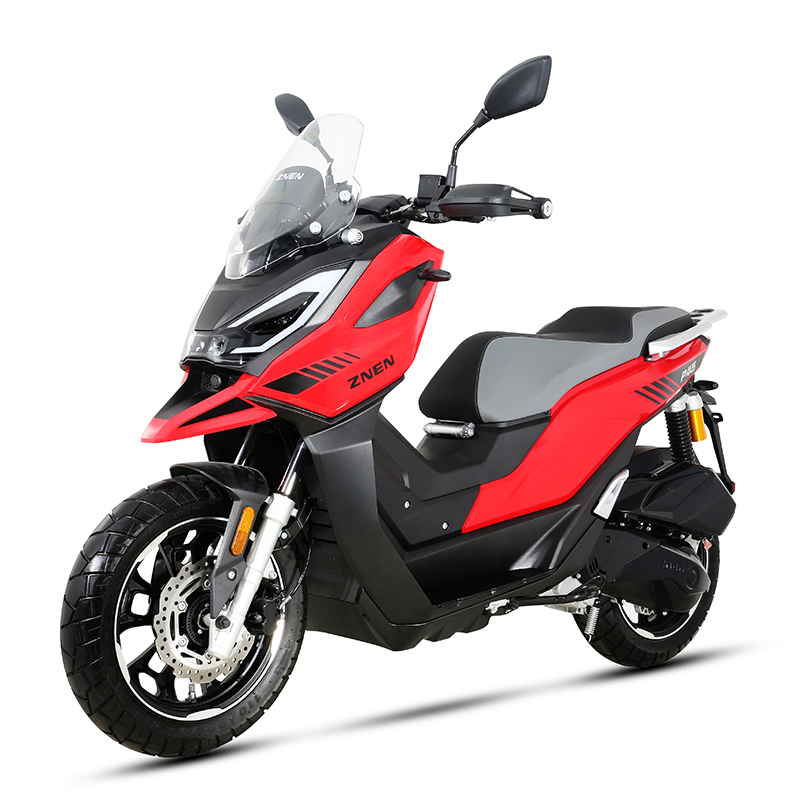 Motocicleta deportiva ligera con frenos de disco delanteros y traseros, iluminación LED