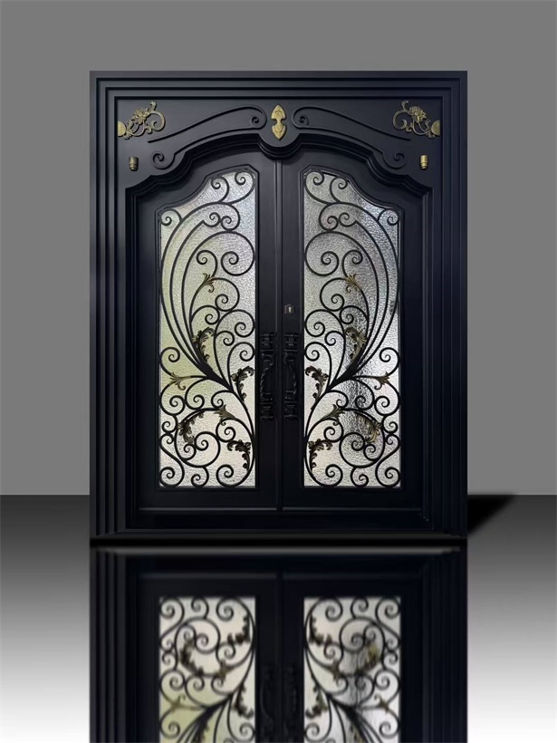 Unique Design Exterior Main Entrance Front Wrought Iron Door with Metal Steel Glass Front Securty Double Door