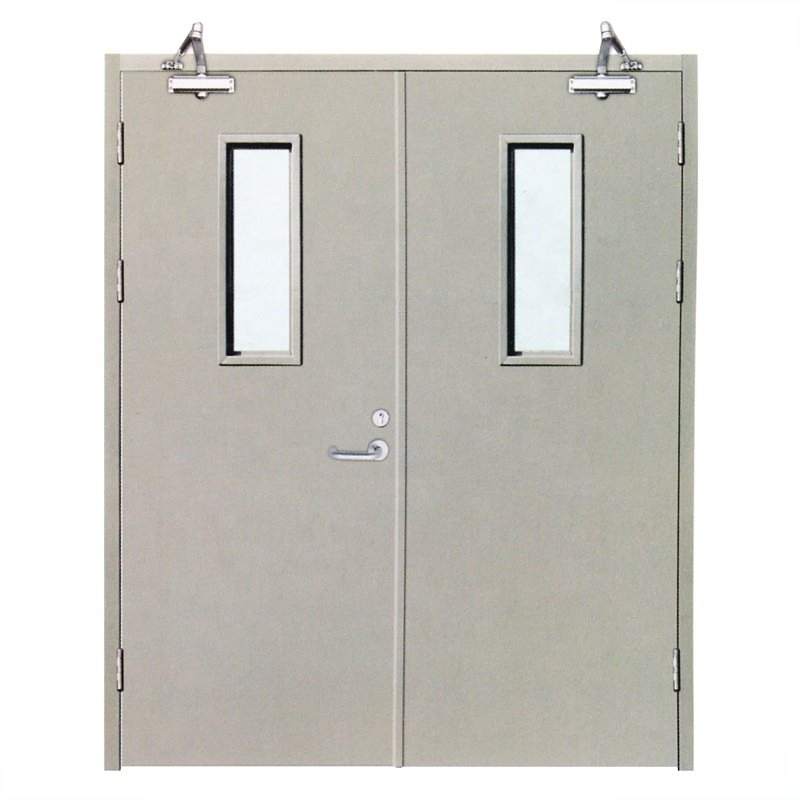 Emergency Exir Fireproof Steel Door Visible Glass Smoke Control Fire Door with Escape Alarm Panic Device