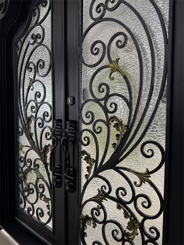 Unique Design Exterior Main Entrance Front Wrought Iron Door with Metal Steel Glass Front Securty Double Door