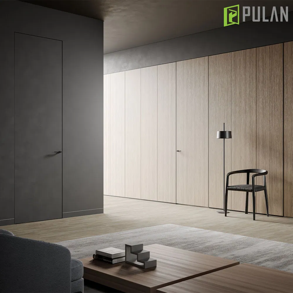Minimally Hidden Aluminum Frame and Silent Lock Interior MDF Door Skin with PVC Finishing Particleboard / MDF Strip / Solid Wood Core Flush Bedroom Wooden Door