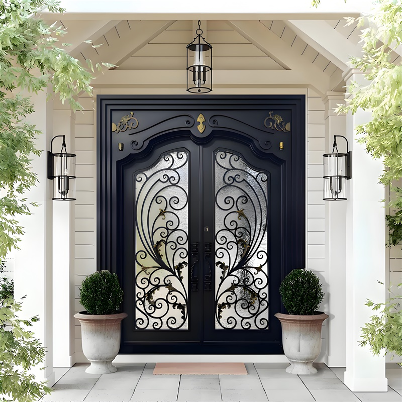 Unique Design Exterior Main Entrance Front Wrought Iron Door with Metal Steel Glass Front Securty Double Door