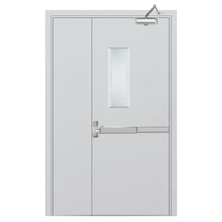 Emergency Exir Fireproof Steel Door Visible Glass Smoke Control Fire Door with Escape Alarm Panic Device