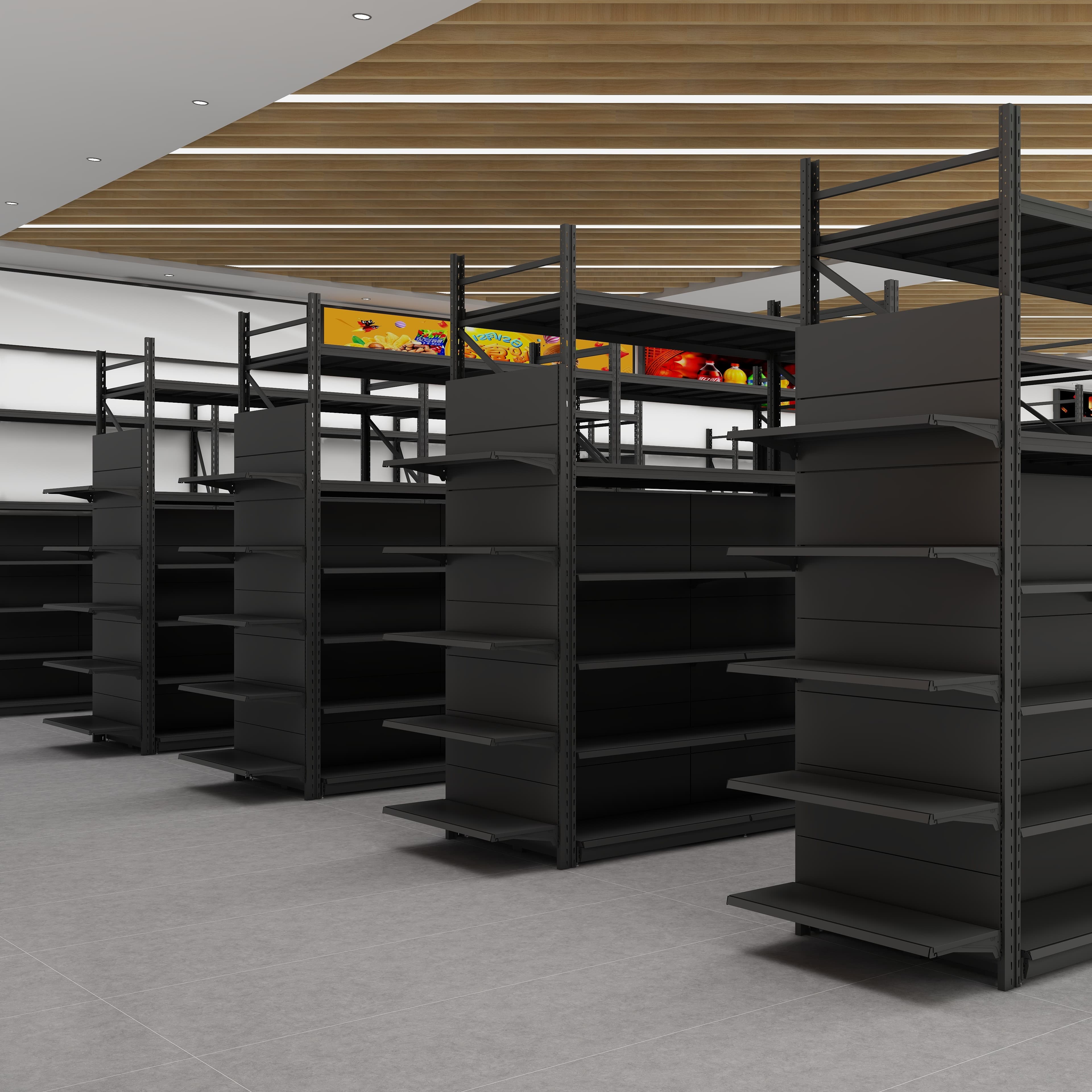 Large Heavy-Duty Double-Sided Metallic Shelves for Supermarket Storage and Display