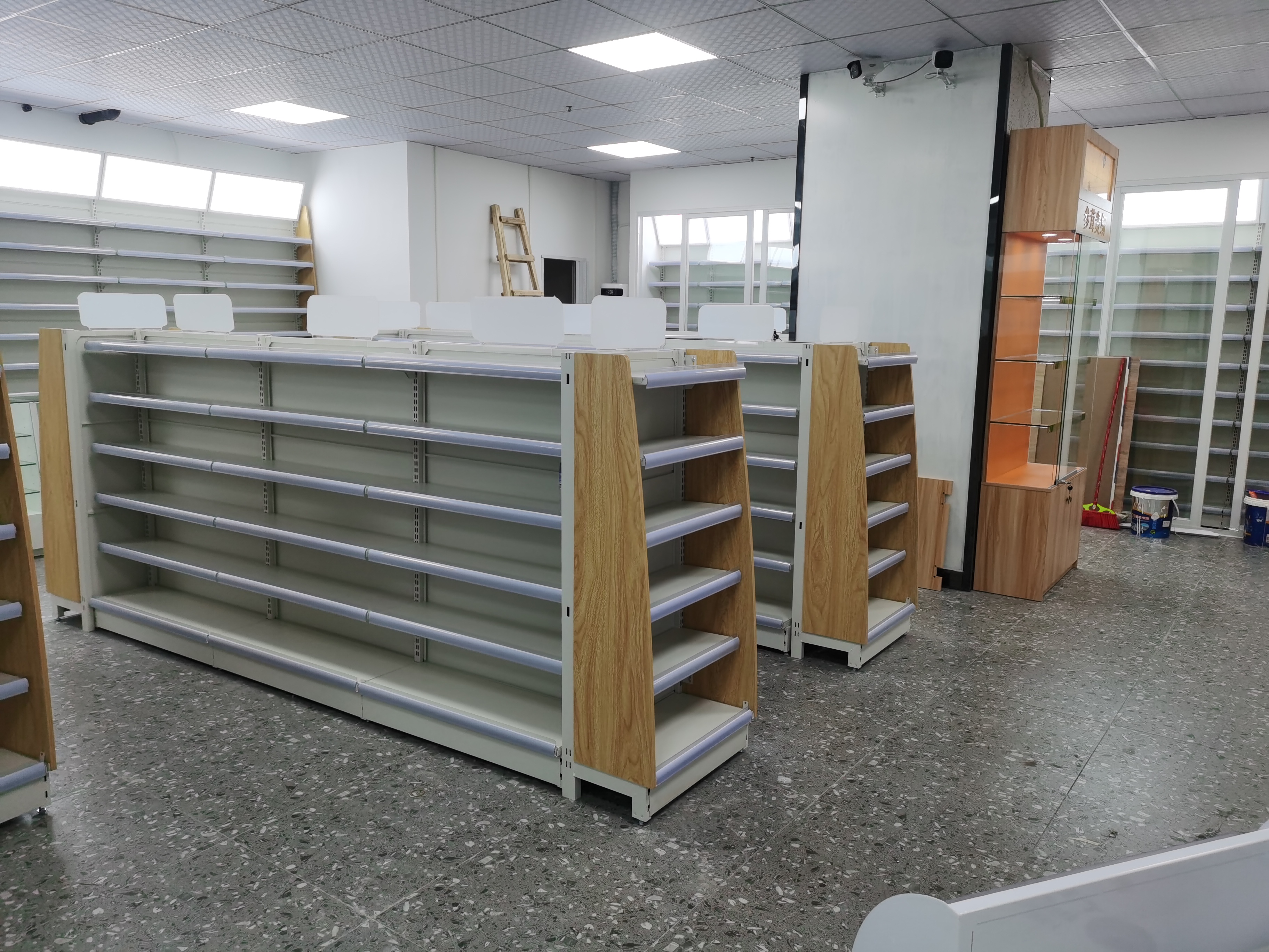 Double-Sided Supermarket Pharmacy Drug Shelf Storage Rack Light Duty Metallic Island Display Rack
