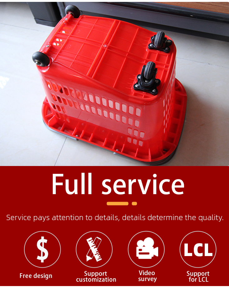 RUNDA-PW603 Red Single Pull Rod and One Handle with 4 Wheels Shopping Basket Plastic 40 Liters Capacity Supermarket Use RZ