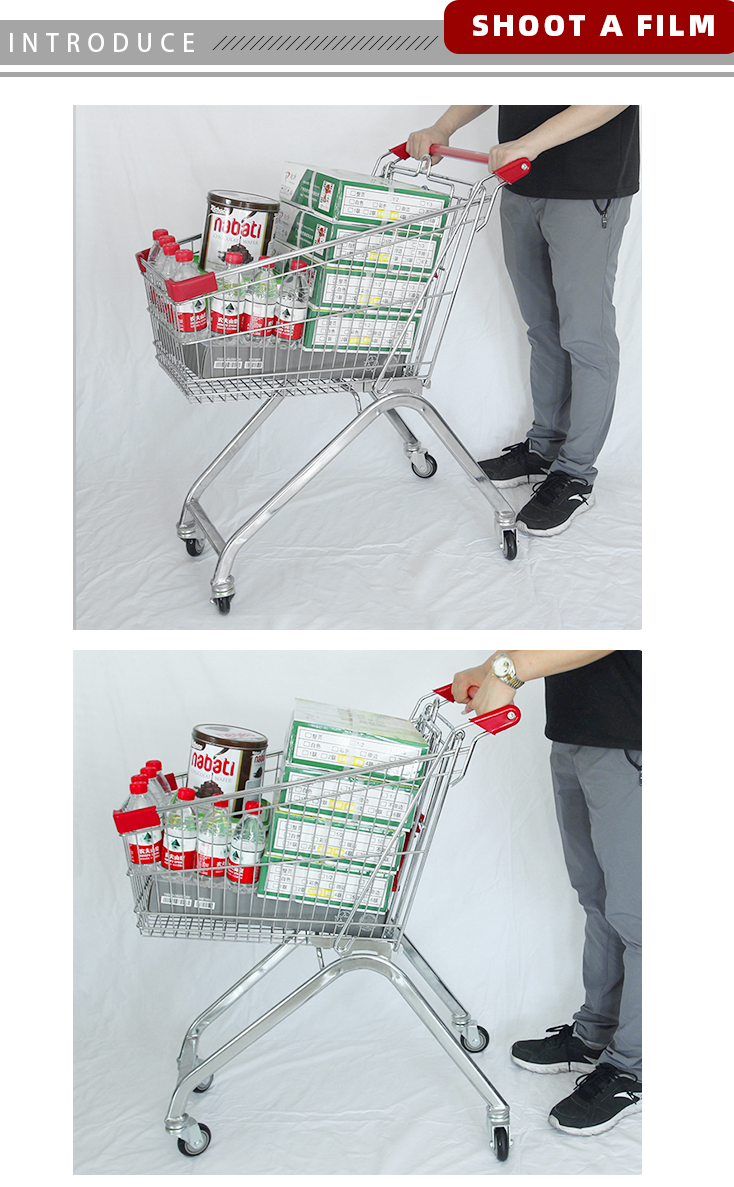 Durable Stainless Steel Herringbone Shopping Cart Supermarket  Trolley with Platform Structure
