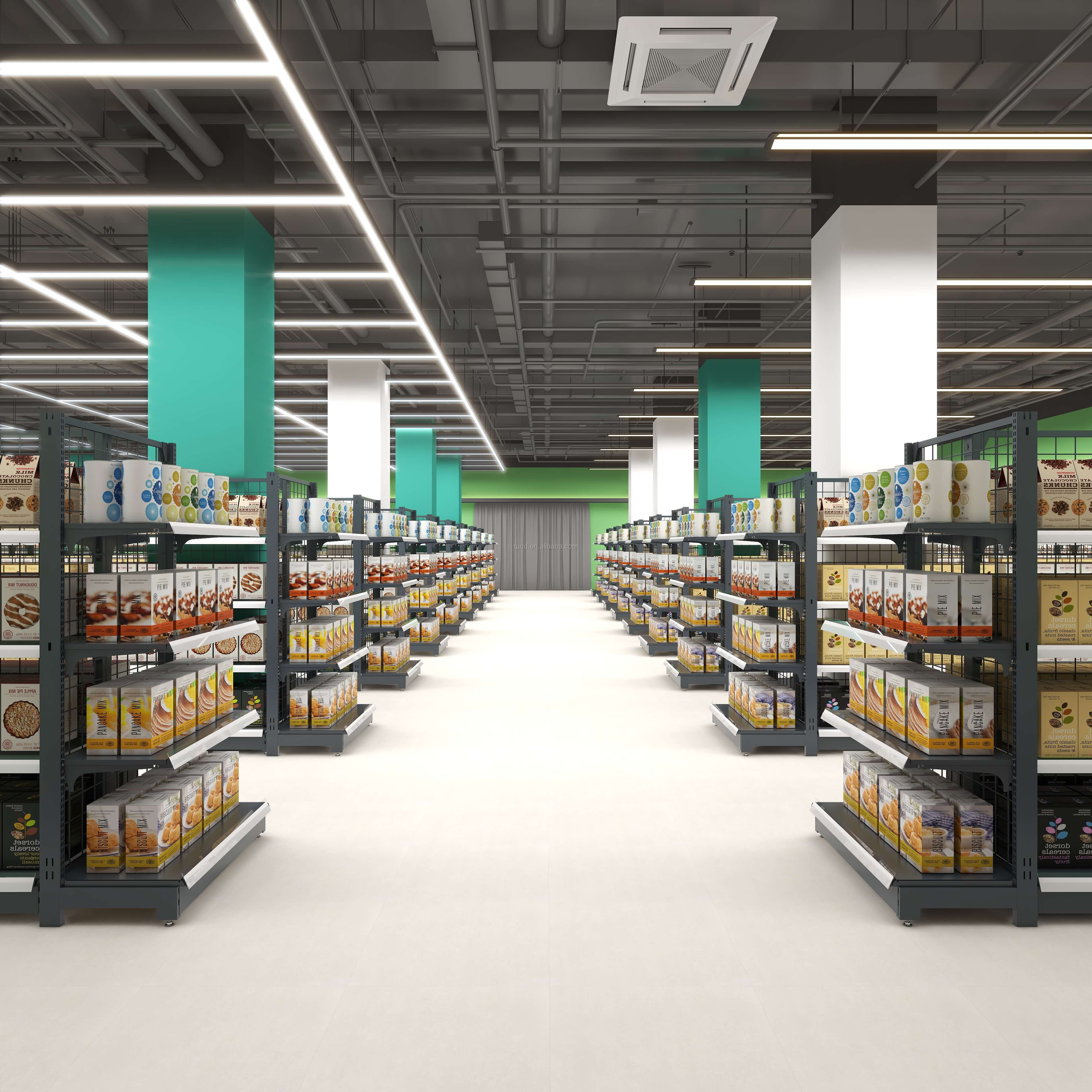 Heavy Duty Metallic Gondola Shelves Supermarket Display Stand with Double-Sided Design and 3 Shelves