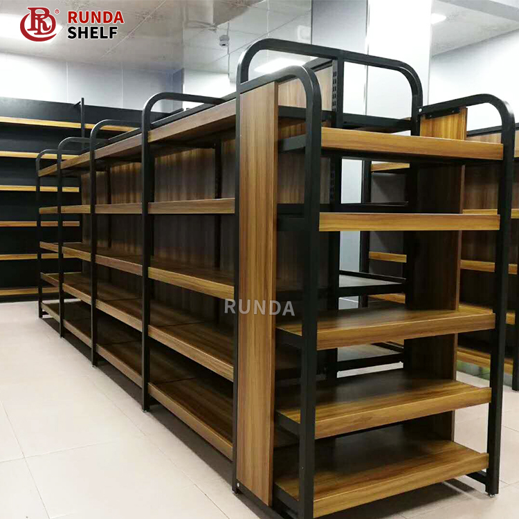 Light Duty Double-Sided Q235B Steel and Wooden Display Rack Gondola Shelving Supermarket Heavy Duty Style for Store Use