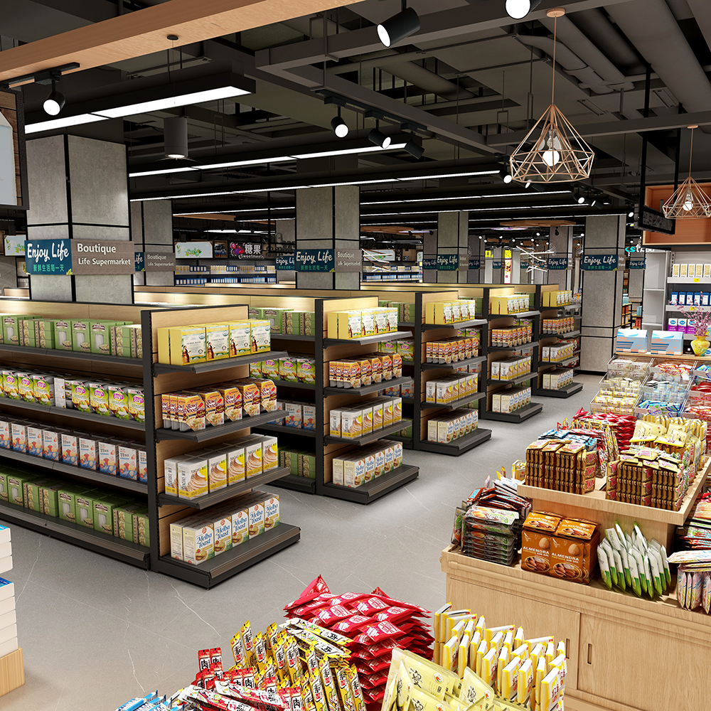 Supermarket shelf Heavy-Duty Wood Steel Acrylic Metallic Material for Grain Oil Store Shelf