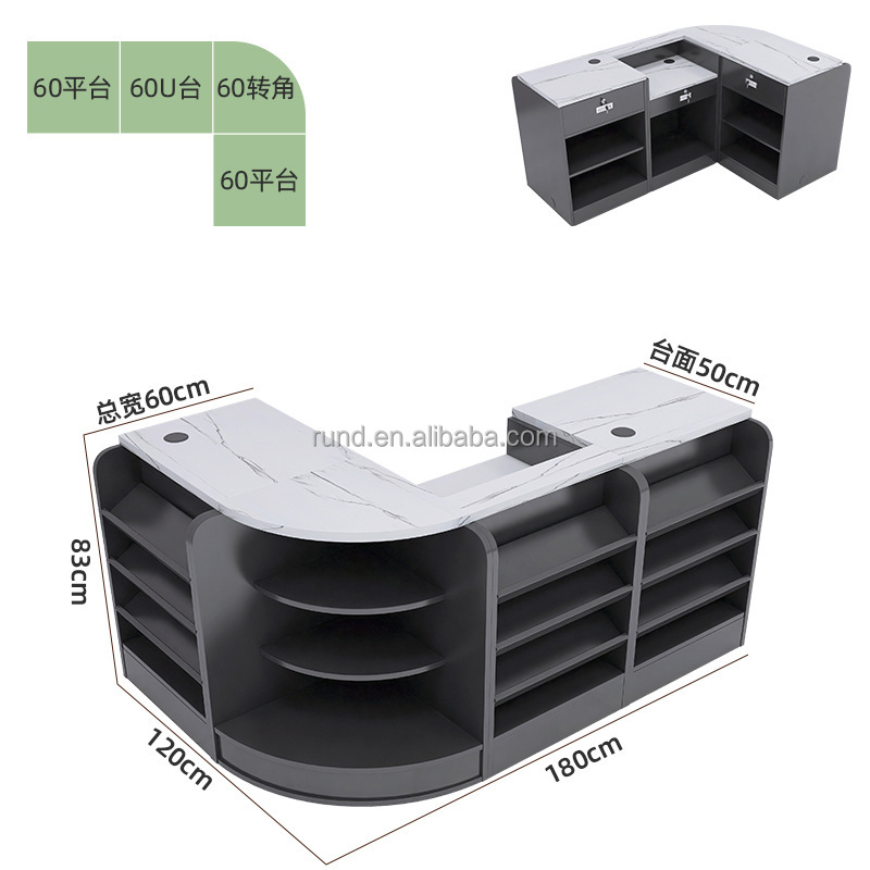 Steel Cash Register Checkout Counters for Supermarket and Retail Store Use with Corner Rack