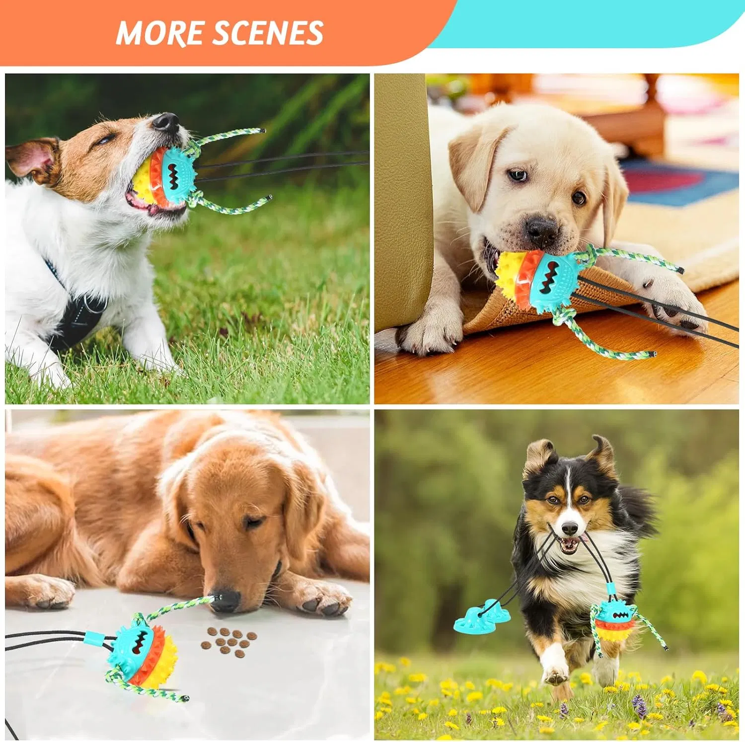 Dog Squeaky Ball Toy Dog Chew Toy with Suction Cup Puppy Teething Food Dispensing Ball Self Play Rope Tug Teeth Cleaning Pet Dog Toys