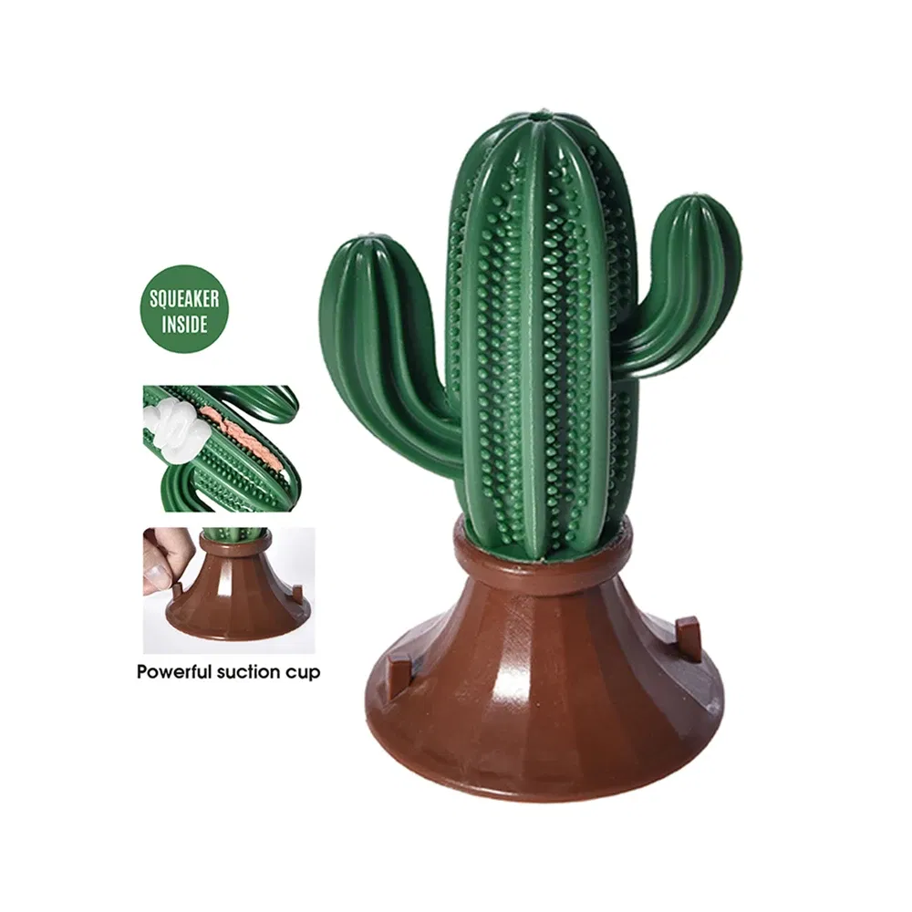 Cactus Shaped Pet Wet Food Puzzle Toy Suction Cup Dog Toothbrush Chew Squeak Toy