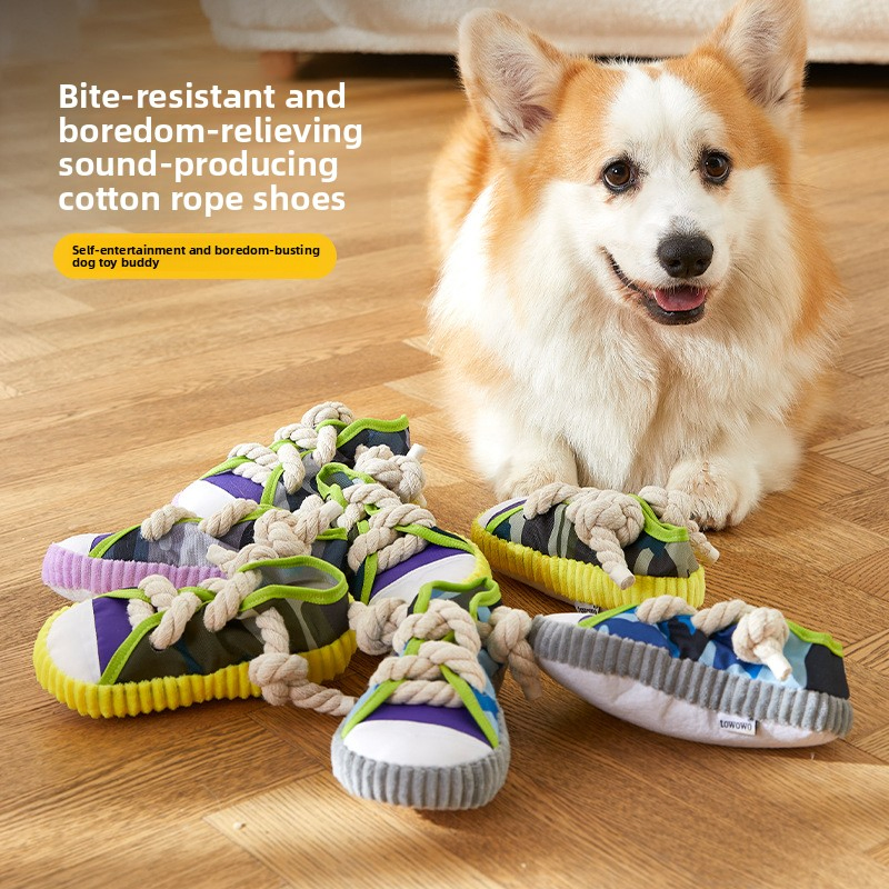 Custom Wholesale Pet Plush Stuffed Interesting Shoe Shape Dog Chew Squeaky Toy with Cotton Rope