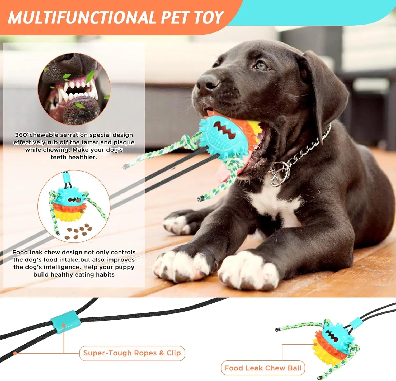 Dog Squeaky Ball Toy Dog Chew Toy with Suction Cup Puppy Teething Food Dispensing Ball Self Play Rope Tug Teeth Cleaning Pet Dog Toys