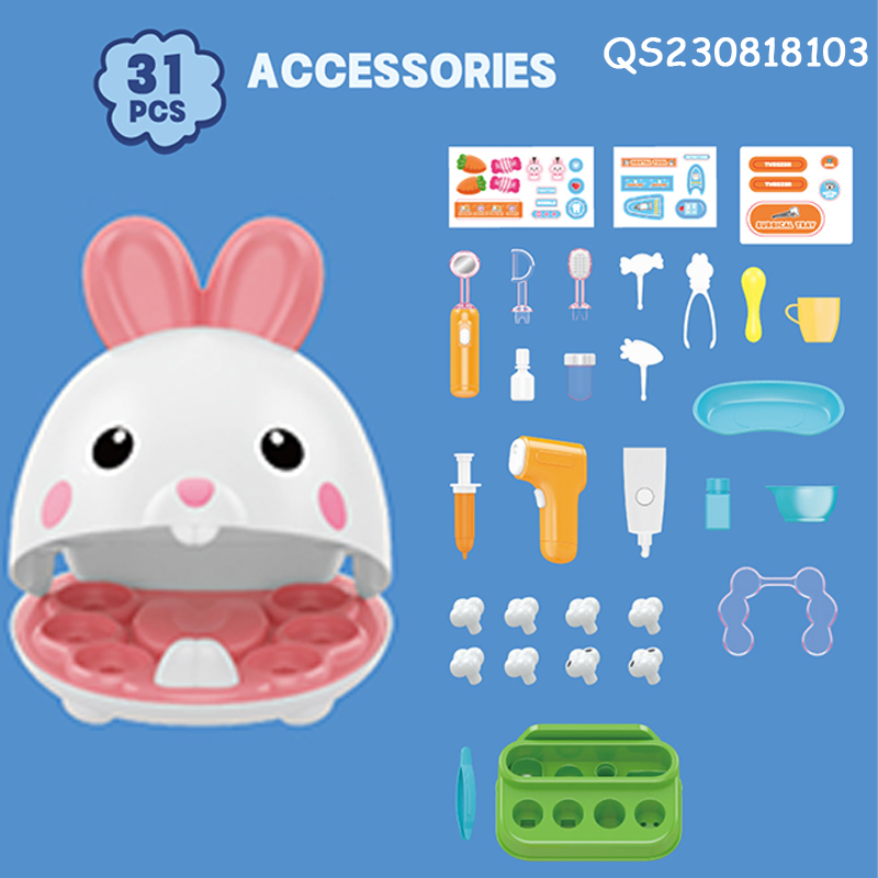 QS Children Pretend Play Pet Rabbit Dental Box with Light Detectors Set Promotion Gift Plastic for Kid Education Toys