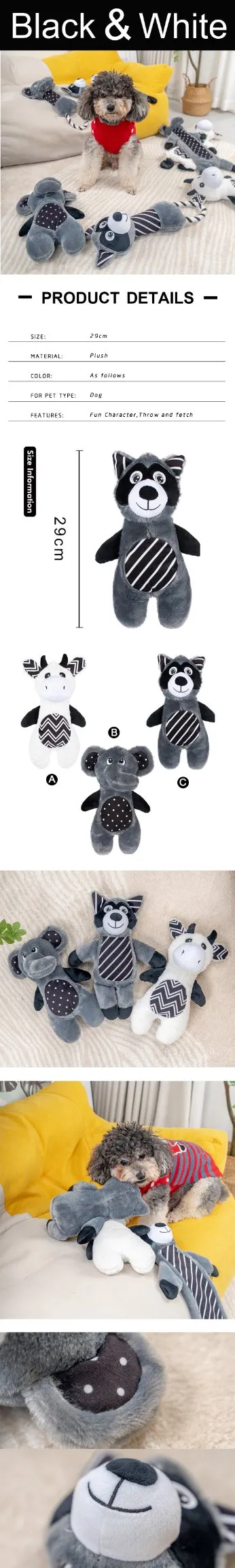 Rena Pet Black and White Animal Squeaker Stuffed Chew Plush Dog Toy
