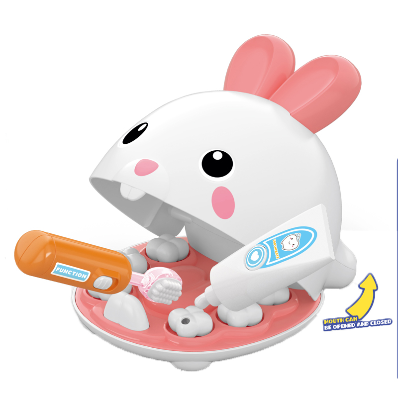 QS Children Pretend Play Pet Rabbit Dental Box with Light Detectors Set Promotion Gift Plastic for Kid Education Toys