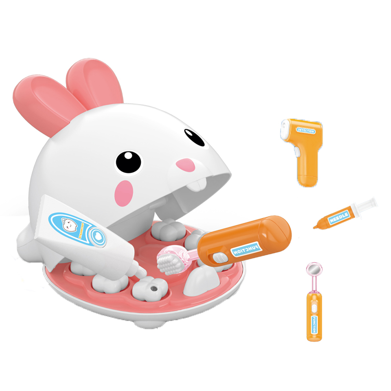QS Children Pretend Play Pet Rabbit Dental Box with Light Detectors Set Promotion Gift Plastic for Kid Education Toys