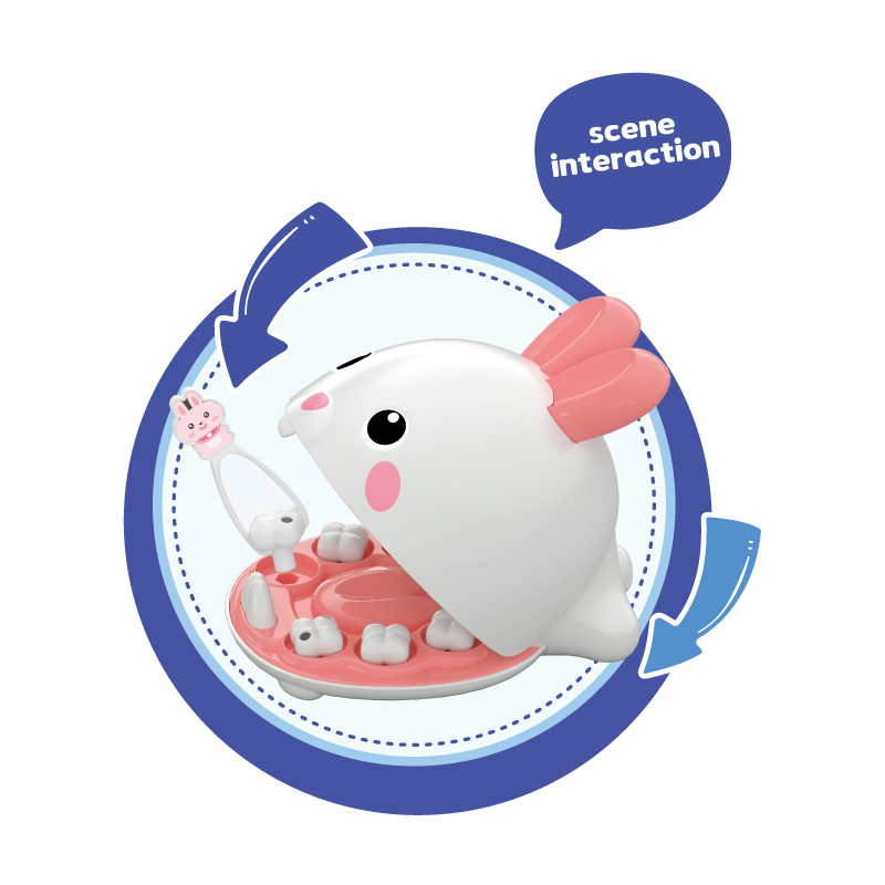 QS Children Pretend Play Pet Rabbit Dental Box with Light Detectors Set Promotion Gift Plastic for Kid Education Toys