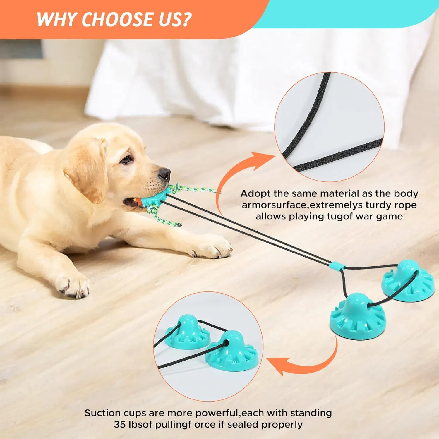 Dog Squeaky Ball Toy Dog Chew Toy with Suction Cup Puppy Teething Food Dispensing Ball Self Play Rope Tug Teeth Cleaning Pet Dog Toys