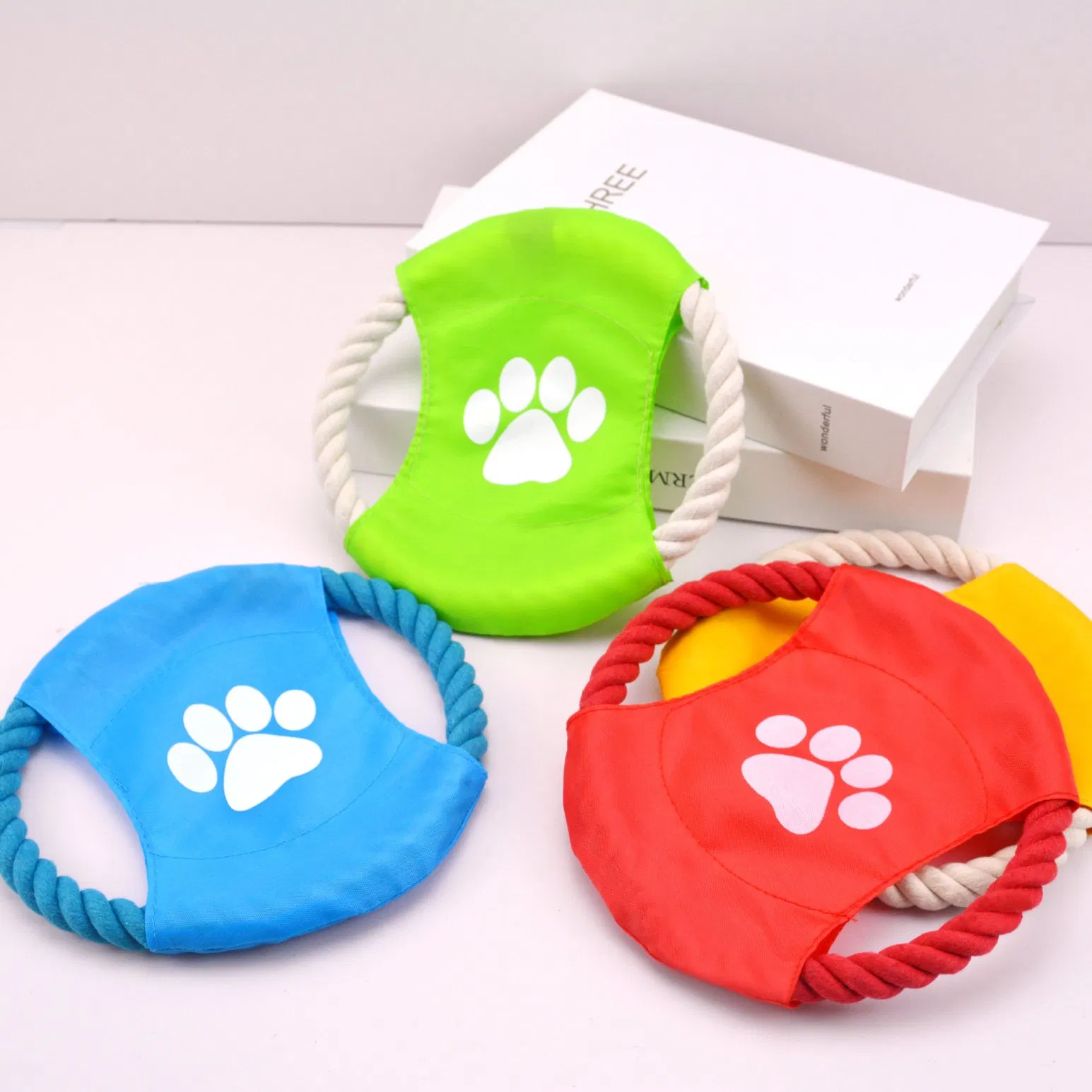 Promotional Custom Logo Flying Disk Durable Canvas Sewn Woven Dog Cotton Rope Small Size Pet Flyer Tug Toys Plastic Carton