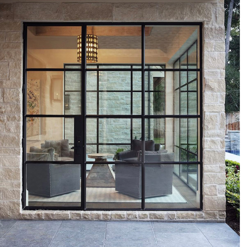 OUNA Black Grid Pattern Aluminum Double Door Narrow Frame Tempered Glass Entry Door for Modern Villa