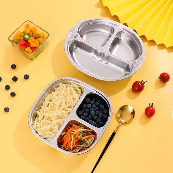 Stainless Steel Divided Kids Square Dinner Lunch Dining Plates