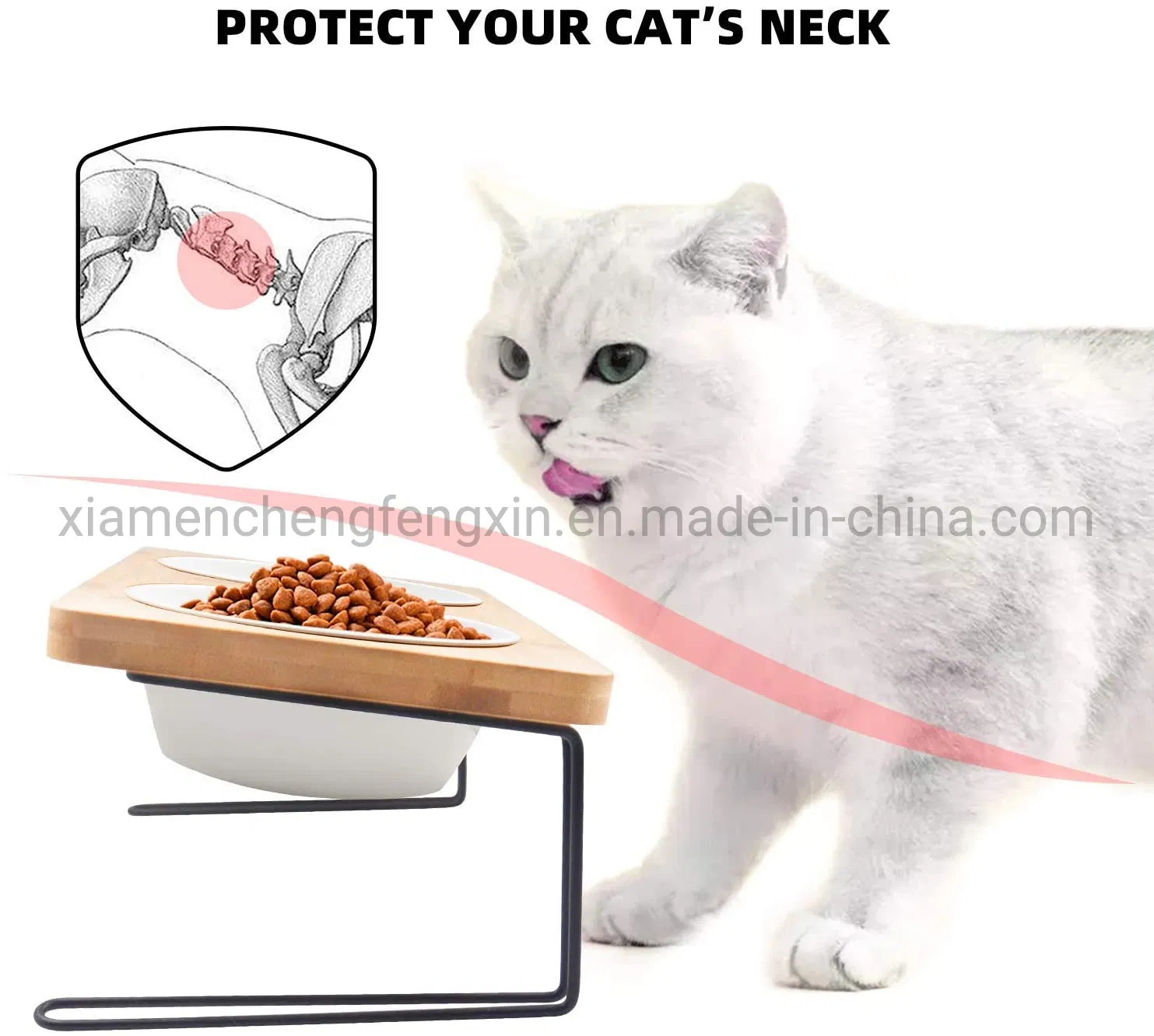 Elevated Cat Ceramic Bowls, Small Dog 15 Tilted Raised Food Feeding Dishes, Solid Bamboo Water Stand Feeder Set for Cats and Puppy
