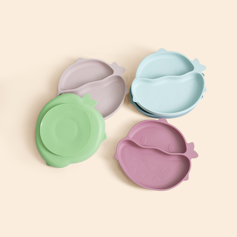 Es-Pro ODM/OEM Custom BPA Free Food Grade Silicone Baby Kids Training Feeding Shark Suction Divided Dish Plate Multi-Certified