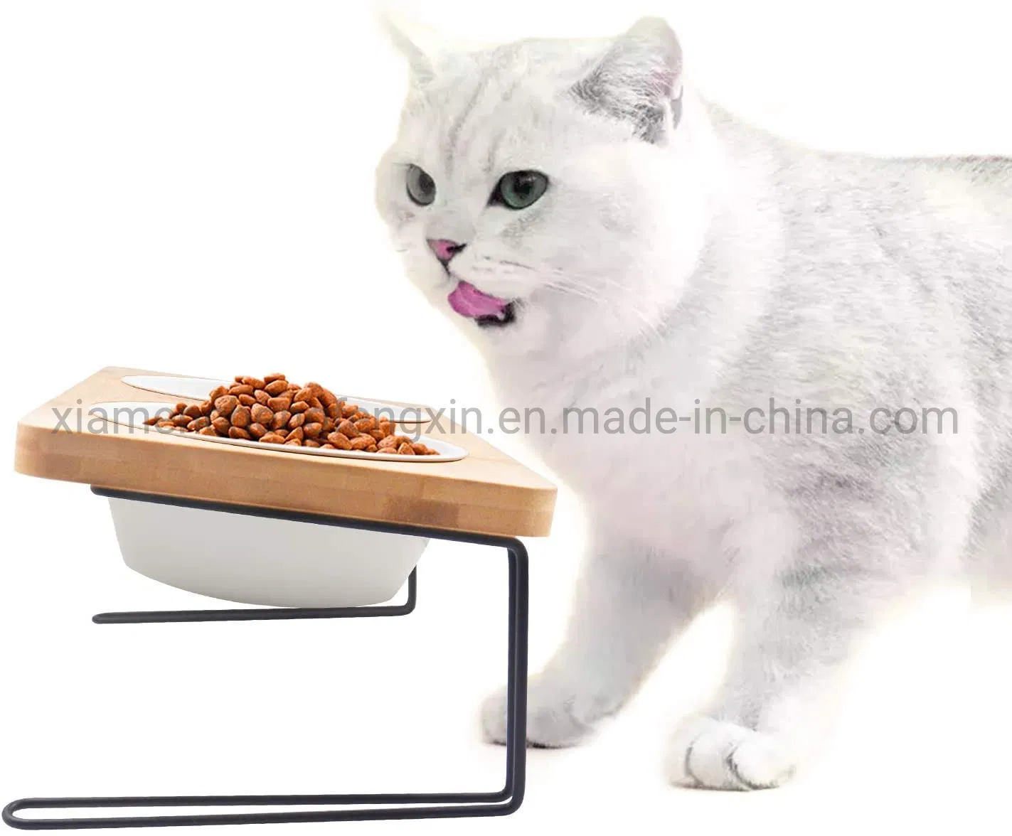 Elevated Cat Ceramic Bowls, Small Dog 15 Tilted Raised Food Feeding Dishes, Solid Bamboo Water Stand Feeder Set for Cats and Puppy