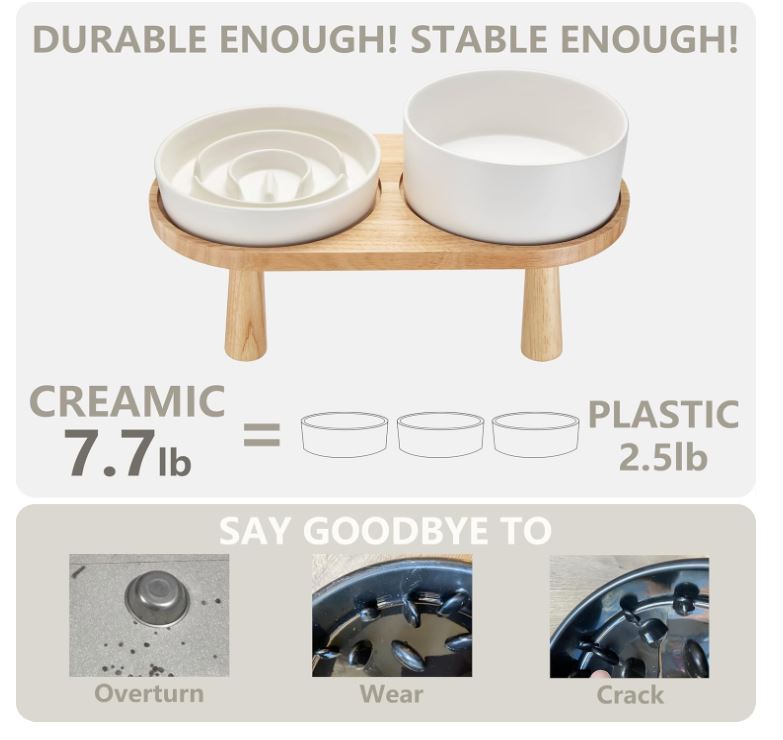 Custom Ceramic Slow Feeder Dog Bowl Water Bowl Set for Medium and Large Breed, Elevated with Wooden Stand