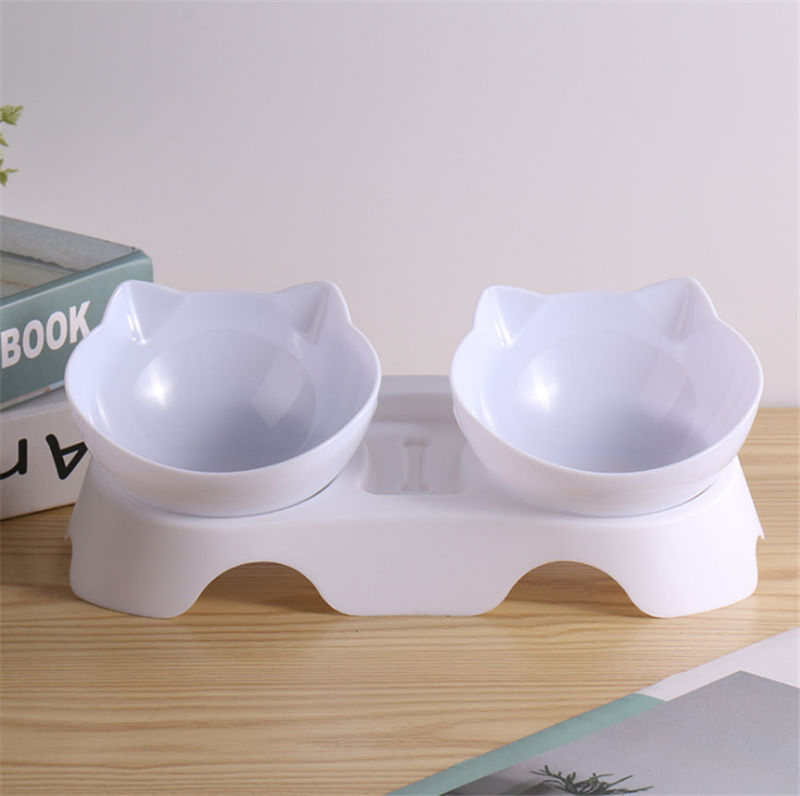 15° Tilted Cat Food Water Bowls with Raised Stand for Neck Protection