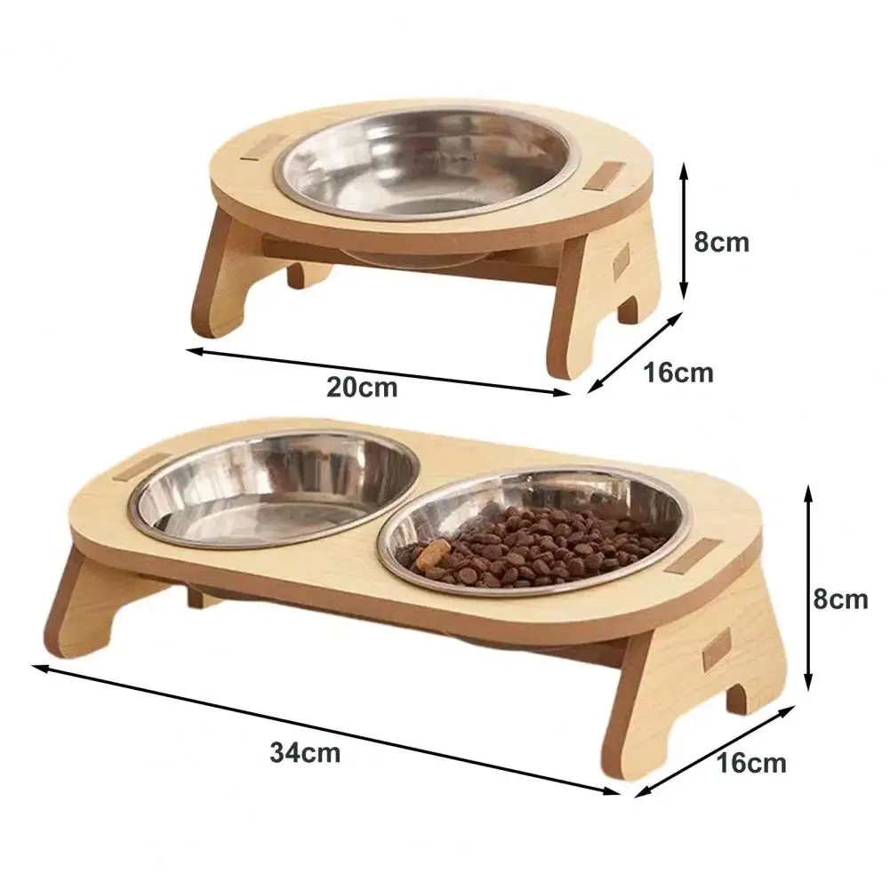 Elevated Pet Bowls Tilted Single Double Cat Stainless Steel Food Bowls Wooden Dog Water Feeding Container Cat Supplies