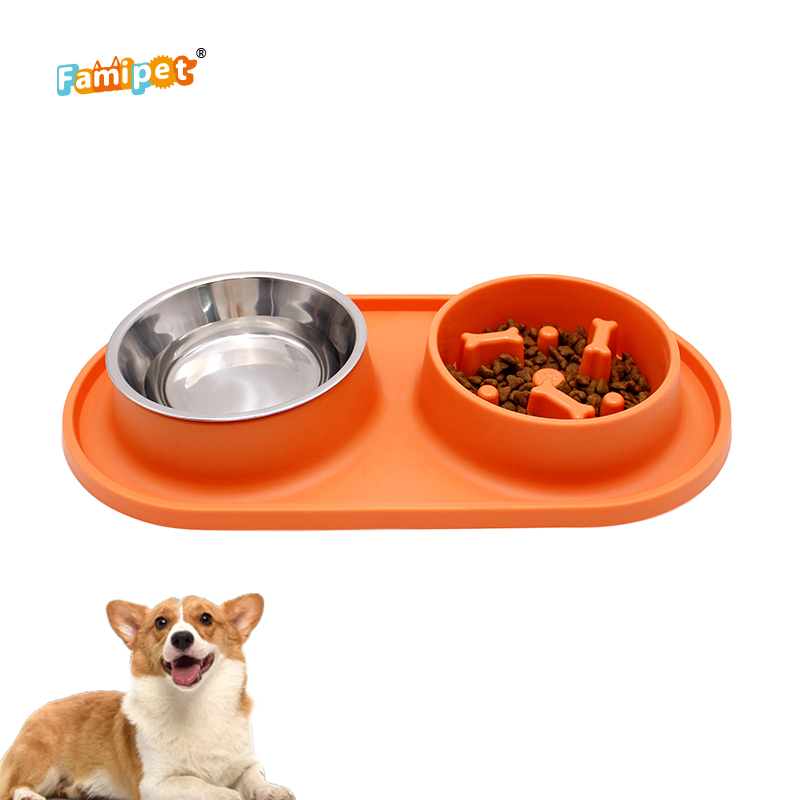 Famipet Custom Stainless Steel Pet Bowl Slow Feeder Dog Food Bowl with Non-Skid Silicone Mat