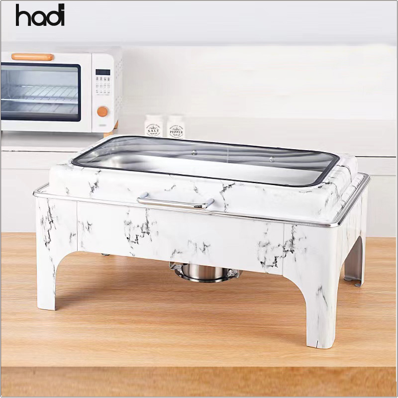 9 Liter Luxury Pattern Stainless Steel Chafing Dish Set Gold Glass Hydraulic Food Warmer Roll Top Design for Hotel Catering