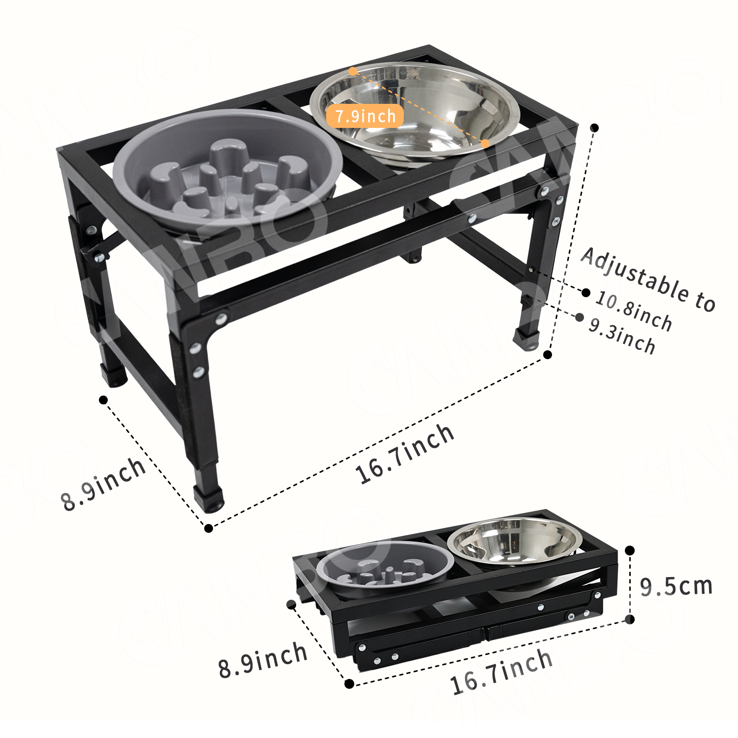 CanboPet 2-In-1 Elevated Stainless Steel Dog Bowls 3 Height Adjustable Pet Slow Elevated Feeder