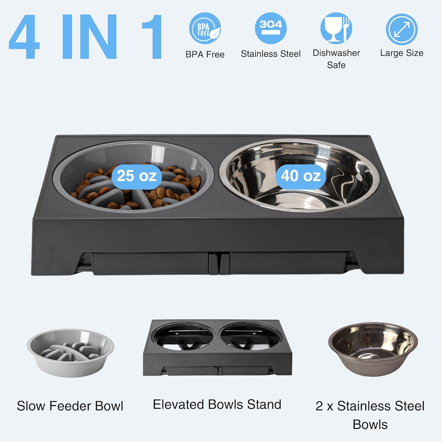 ZMaker Elevated Dog Bowls with Slow Feeder Raised Dog Bowls 5 Heights Adjustable Raised Dog Bowl