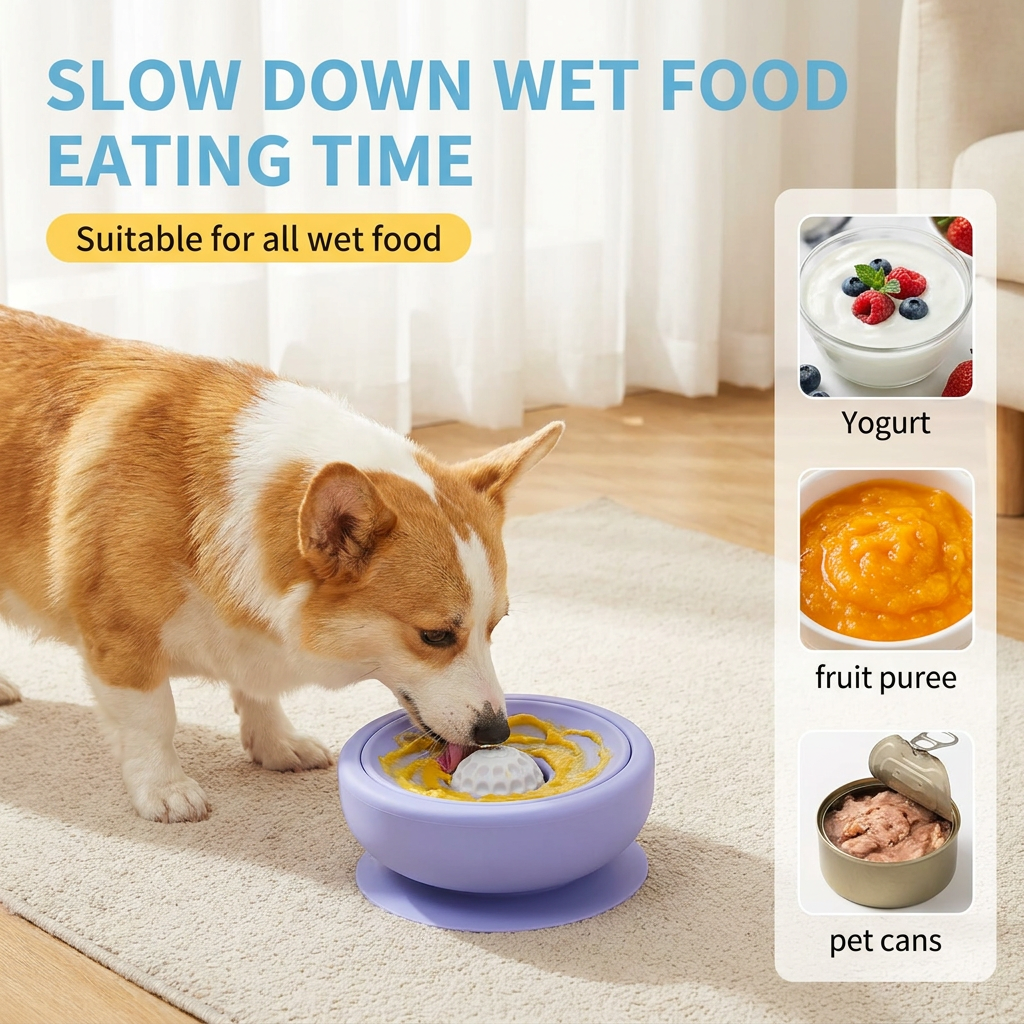 Food Grade Silicone Slow Feeder Dog Bowl with Rolling Ball for IQ Training Anxiety Relief Cat Slow Eating Interactive Lick Pad