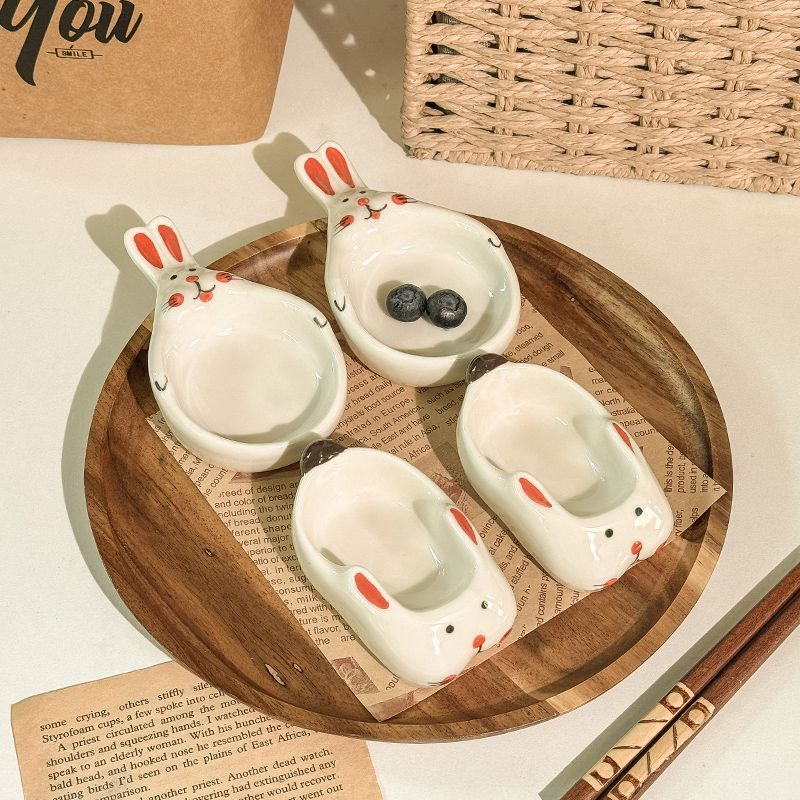 Playful Hopping Bunny Dipping Dish - Ceramic Sauce Bowl with Underglaze Garden Patterns