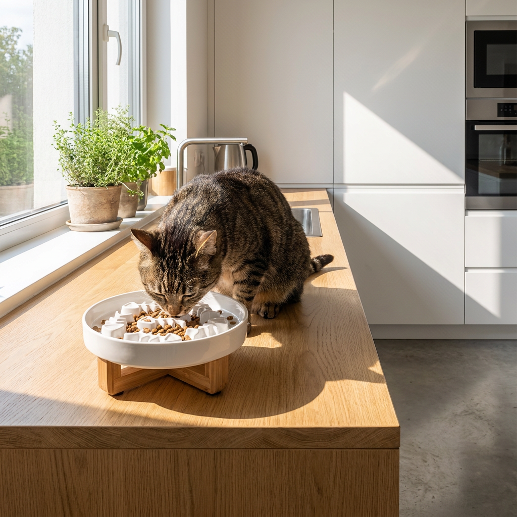 Ceramic Slow Feed Cat Bowl Anti-Choking Pet Dish with Fish Bone Pattern