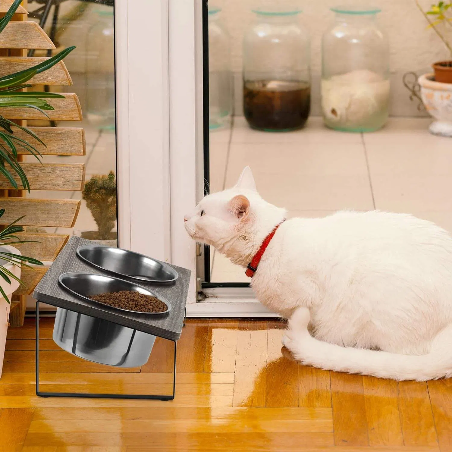 High Quality Metal Wood Dog Raised Bowls Tilted Elevated Cat Food Bowls