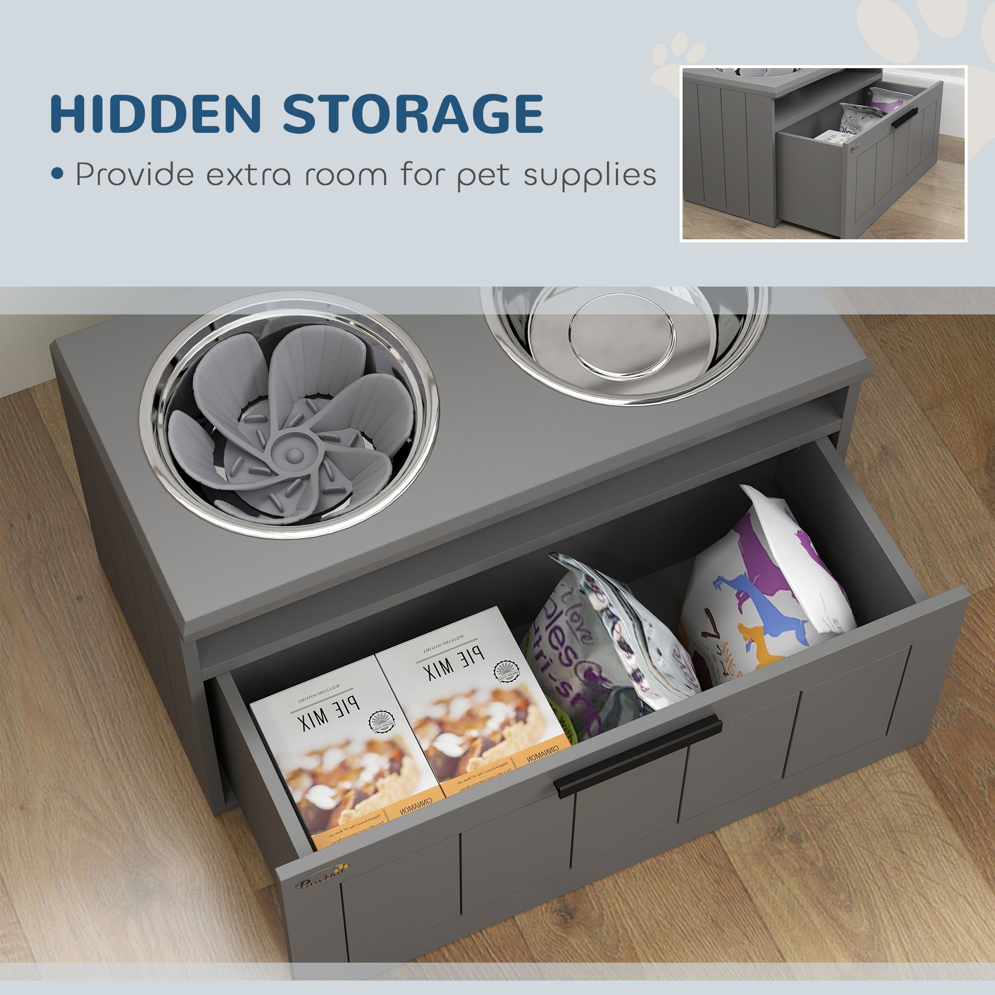 Large Breed Elevated Dog Bowls with Storage Drawer Slow Feeder Mat and 2 Stainless Steel Bowls for Puppies & Adult Dogs